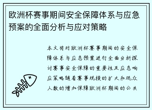 欧洲杯赛事期间安全保障体系与应急预案的全面分析与应对策略