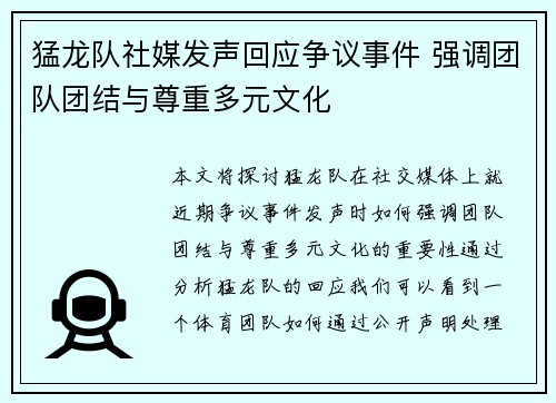 猛龙队社媒发声回应争议事件 强调团队团结与尊重多元文化