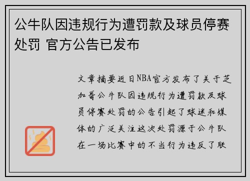 公牛队因违规行为遭罚款及球员停赛处罚 官方公告已发布